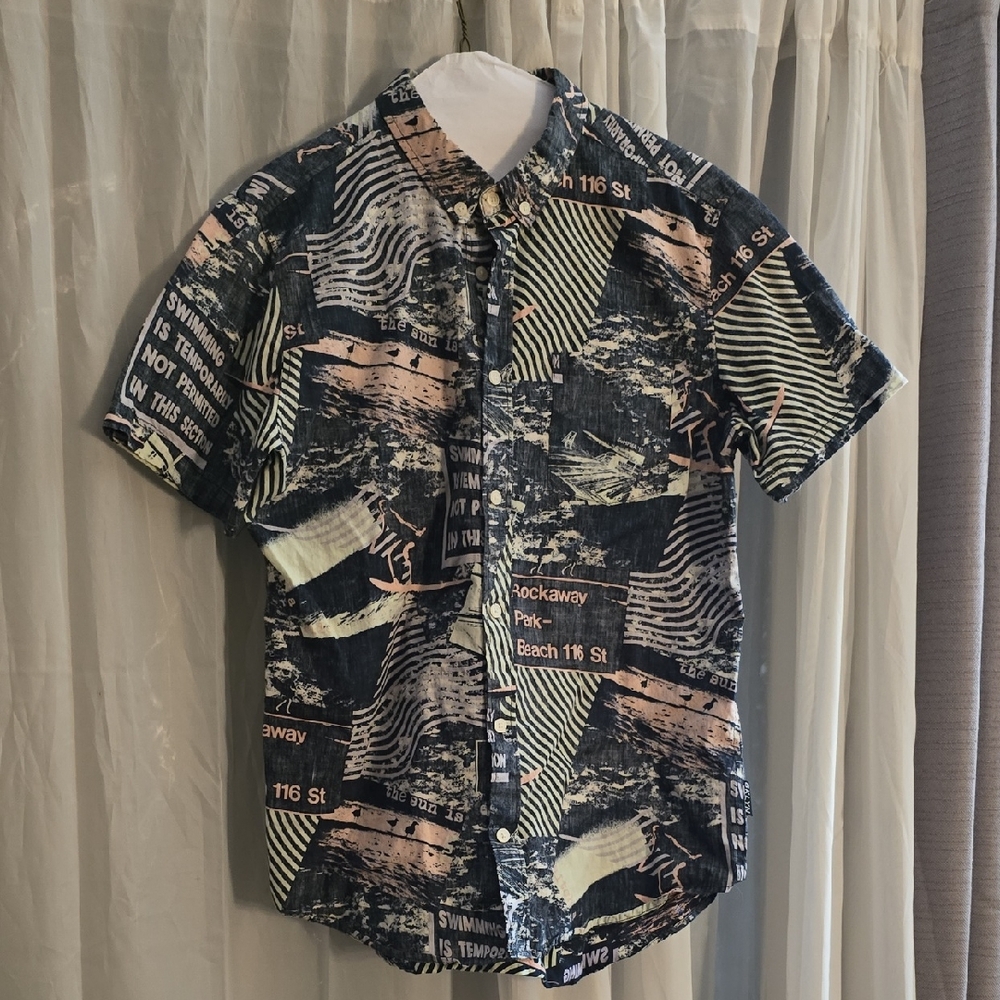 Rockaway Beach Brooklyn Cloth Mfg Co NY Hawaiian shirt, Navy and Beige, Medium